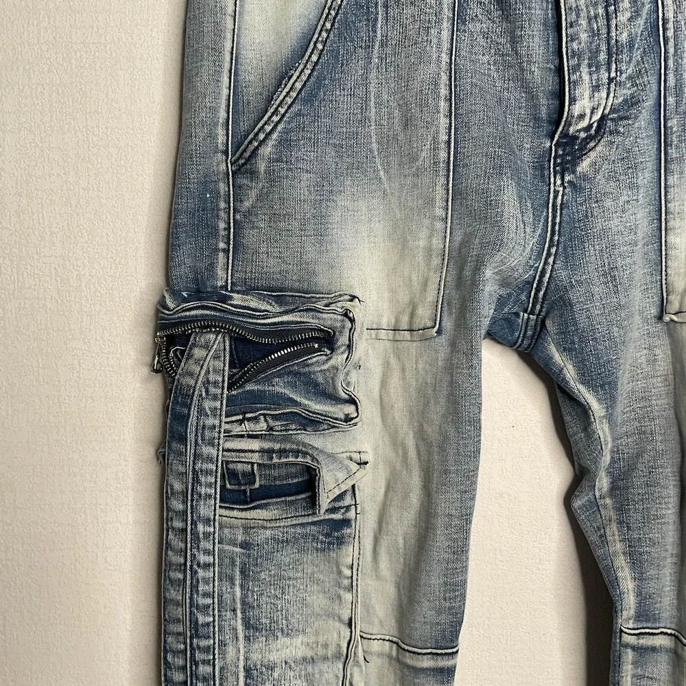 Embellish Biker Jeans Cargo Pockets Mens Size 38 Moto Hawk Cargo Stone‎ Wash